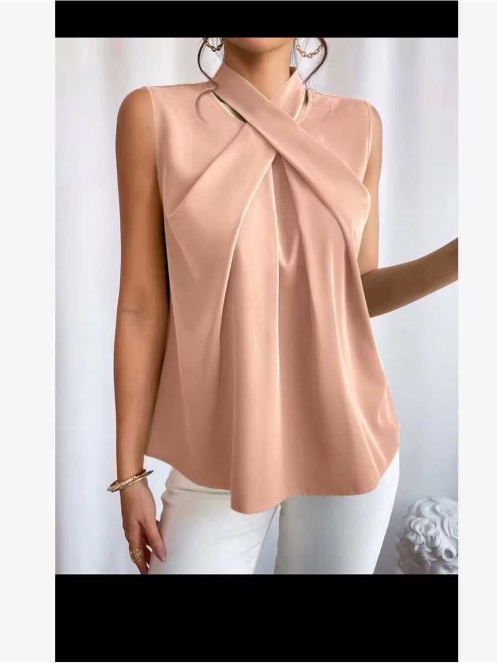 SHEIN SLEEVELESS BLOUSE size 4 Blush Cut Out Criss Cross Neckline w/ Buttons EUC